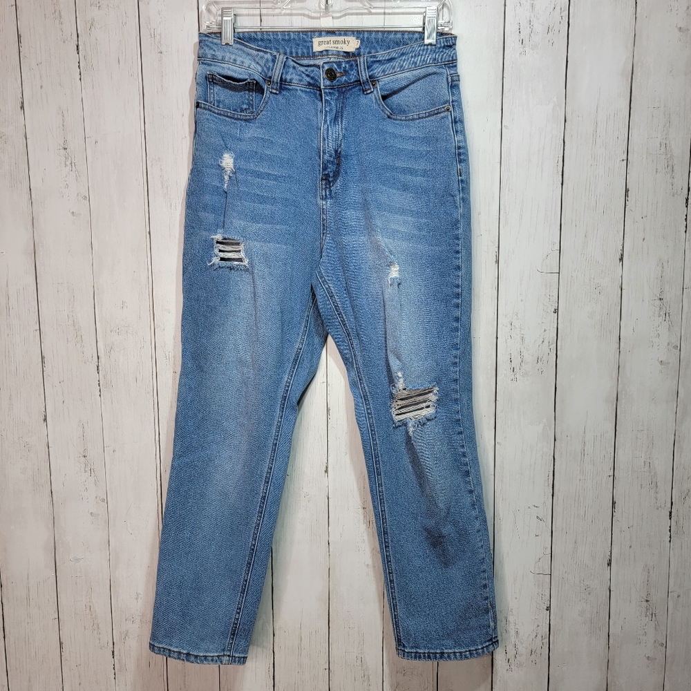 Great Smoky Women's Straight Leg Distressed High Rise Blue Denim Jeans Size 7.